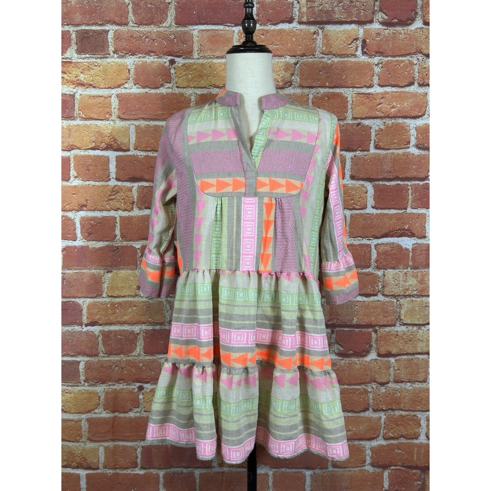 Luisa‎ Perla Aztec V Neck Tiered Dress Size XL 3/4 Bell Sleeves Made in Italy